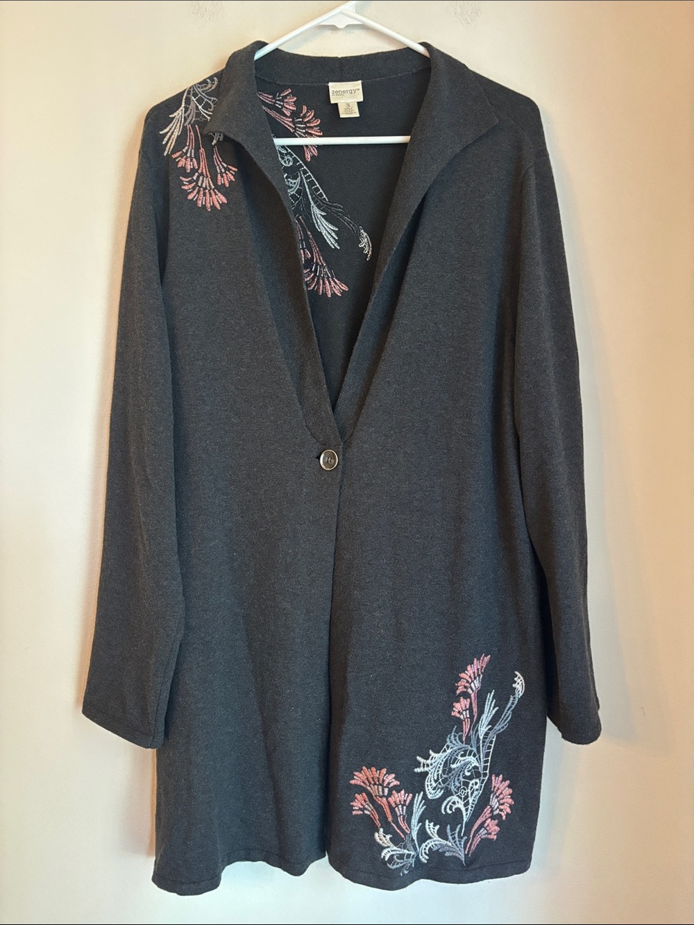 Chico’s Long cashmere blend Cardigan Floral Embroidery sweater Women Sz 16 Fall